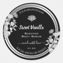 Blommigtens produktförpackningsetiketter, svartvit