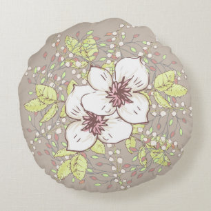 Blommigtens ritade design - vit och vit rund kudde