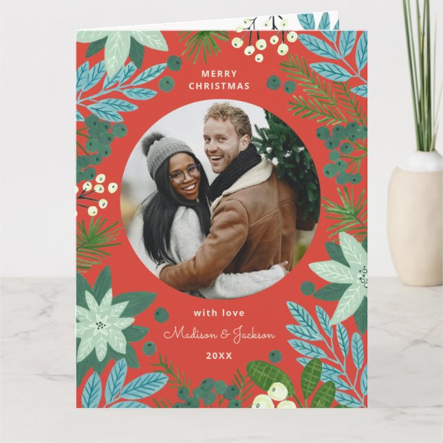 Blommigtens röda julfotoport - Helgdag Kort (Framsida)