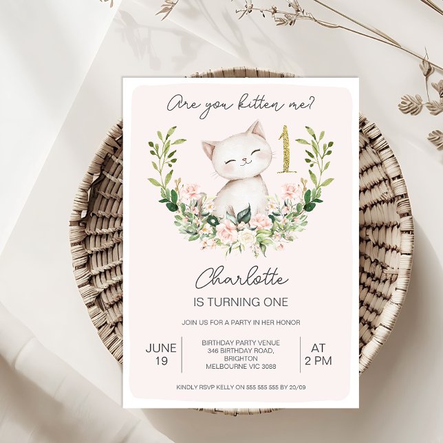 Blommigtens Rosa är att du kattade mig första föde Inbjudningar (Are You Kitten Me Invitation Template, Kitten Me 1st Birthday Invitation, Kitten Themed Birthday)