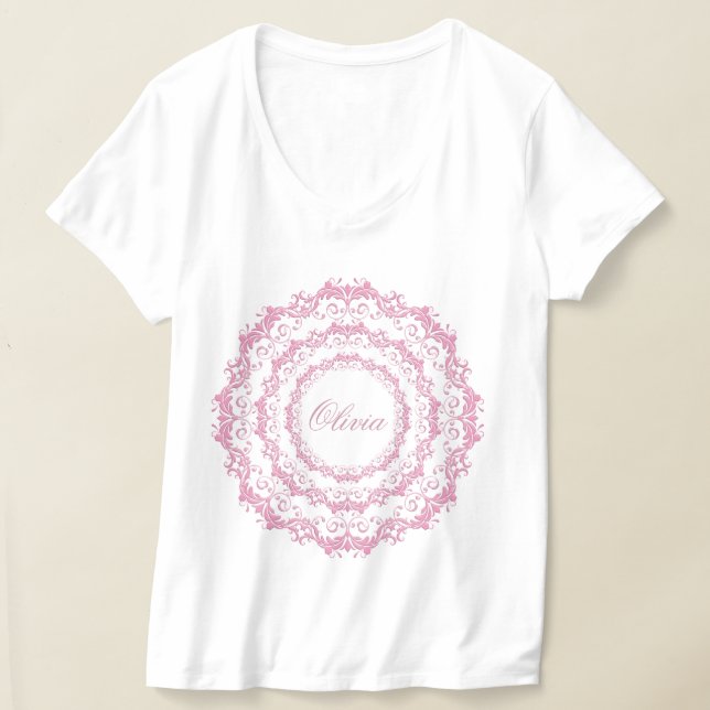 Blommigtens rosa etnisk mandala. Namn. T Shirt (Laydown)
