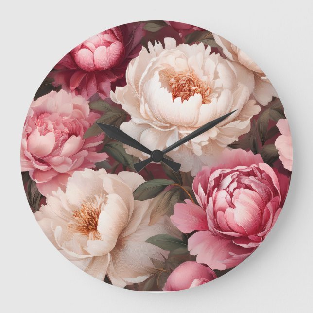 Blommigtens Rosa och White Peony Stor Klocka (Framsida)