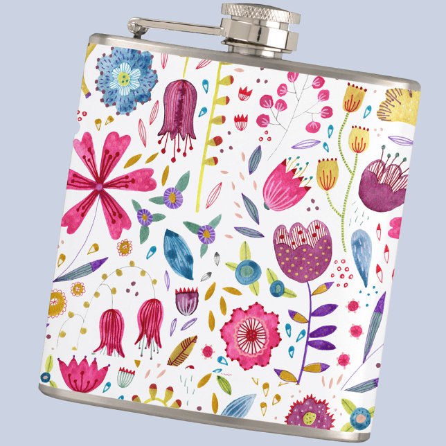 Blommigtens vattenfärgskolv fickplunta (Watercolor modern floral patttern hip flask)