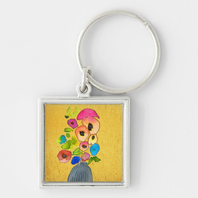 Blommigtens vattenfärgsmoderna blomskonst fyrkantig silverfärgad nyckelring (Framsidan)