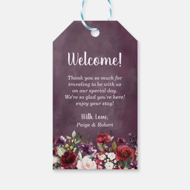 Blommigtträdgård i Burgundy, rosor och plommon Presentetikett (Framsidan)