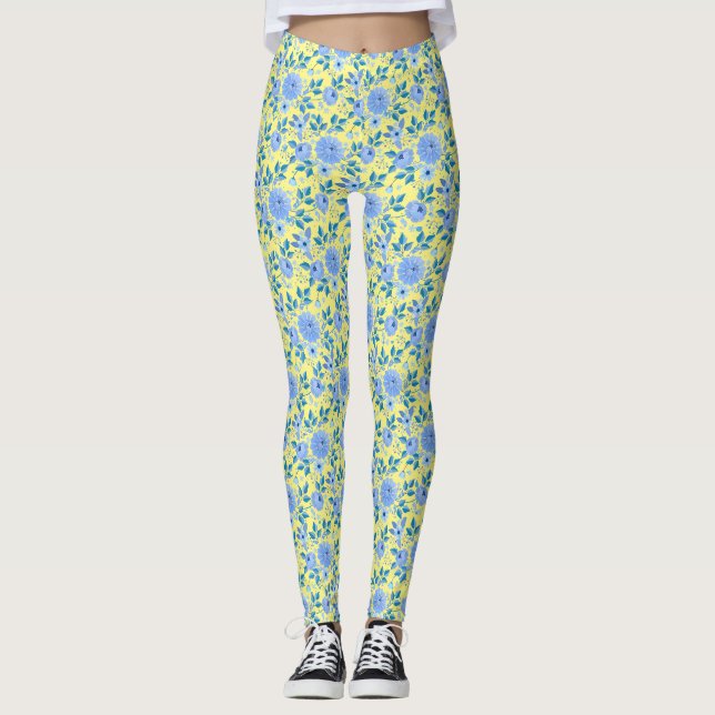 Blommönster.06.FR Lbluex4. Gult BG Leggings (Framsida)