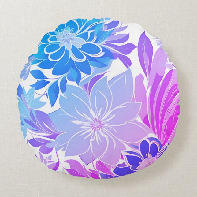 Blommönster, Akvamarin, Blå, Lila , Rosa  Rund Kudde (Framsidan)