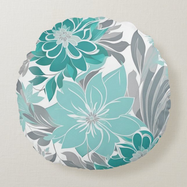 Blommönster, Aqua, Teal, Turkos och Grå Rund Kudde (Framsidan)