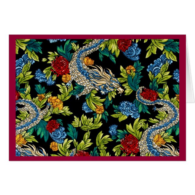 Blommönster Asian Dragon Note Card OBS Kort (Framsidan Horizontal)