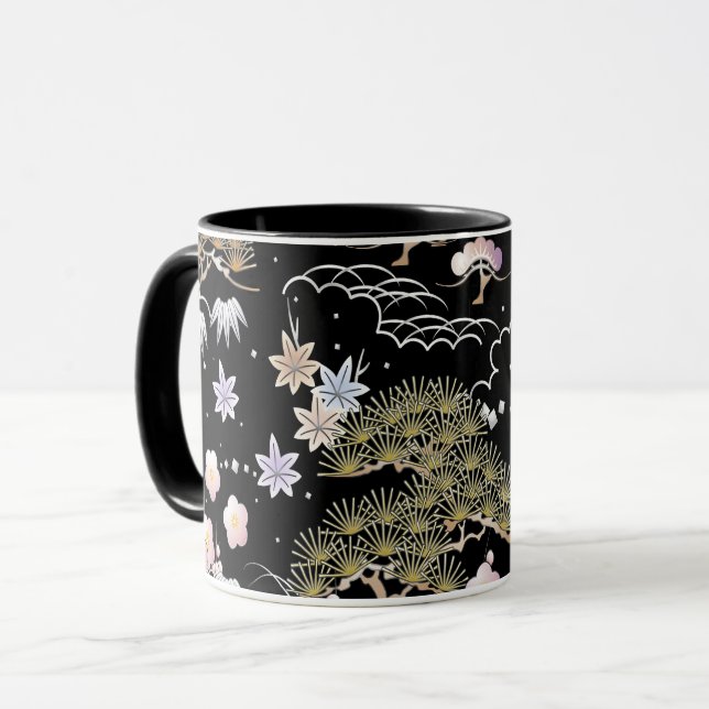 Blommönster av Black Rosa Cherry Blommar Elegant  Mugg (Framsida vänster)