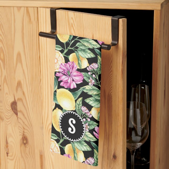 Blommönster av citroner och tulpaner | Citrus Mono Kökshandduk (Thirds Fold)