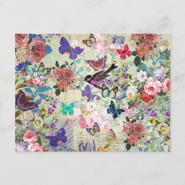 Blommönster av färglösa fågelfjärilar, vintage vykort (Framsida)