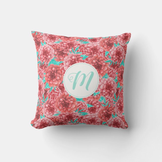 Blommönster av koraller och monogram kudde (Framsida)