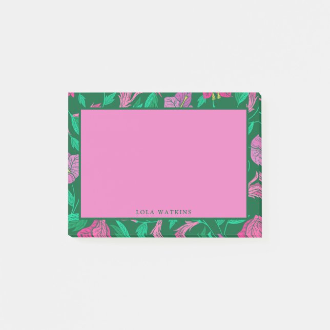 Blommönster av kraftig tropisk Rosa och Grönt Post-it Block (Framsida)