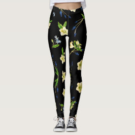Blommönster av vitblommor och blåfenad knopp leggings