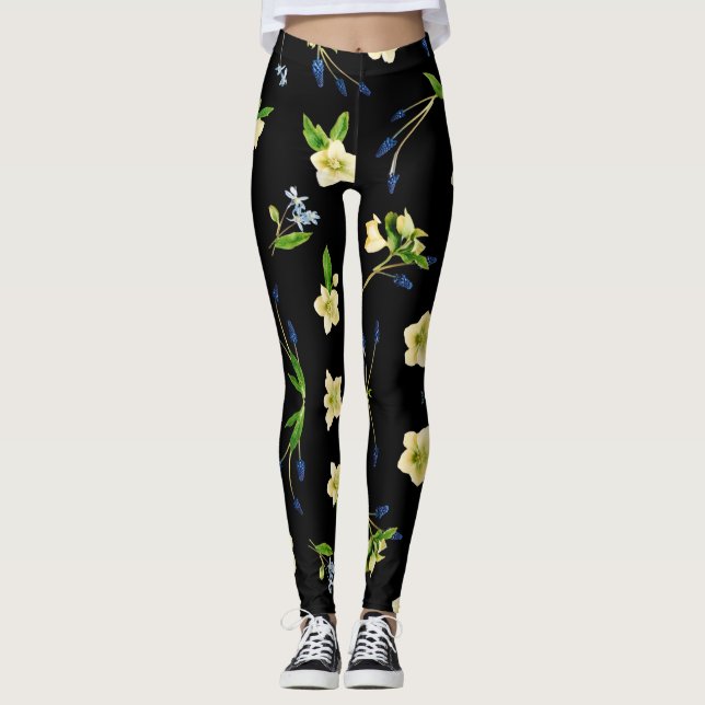 Blommönster av vitblommor och blåfenad knopp leggings (Framsida)