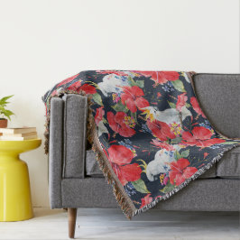 Blommönster Birds Flowers Foliage Red Hibiscus Filt