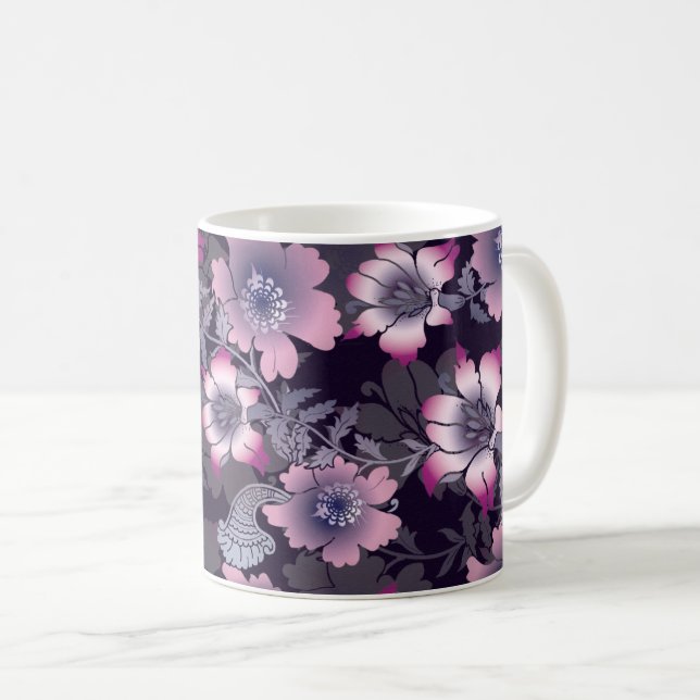 Blommönster Black Background Botanical Plant Kaffemugg (Framsida höger)