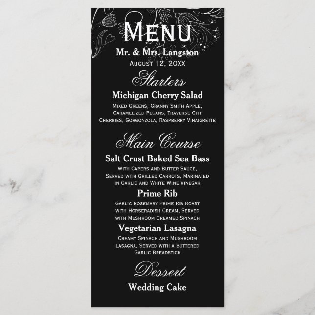 Blommönster Black/White Tulip - Mottagningsmeny Meny (Framsida)