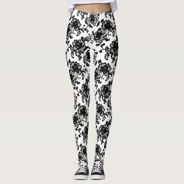 Blommönster Delikat Black Snöre Leggings (Framsida)