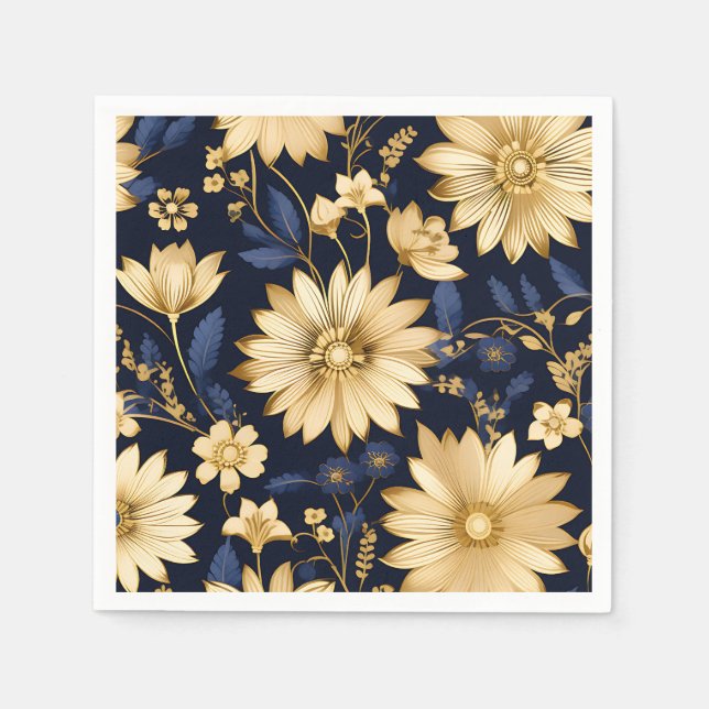 Blommönster Elegant Guld och Blue Pappersservett (Framsidan)