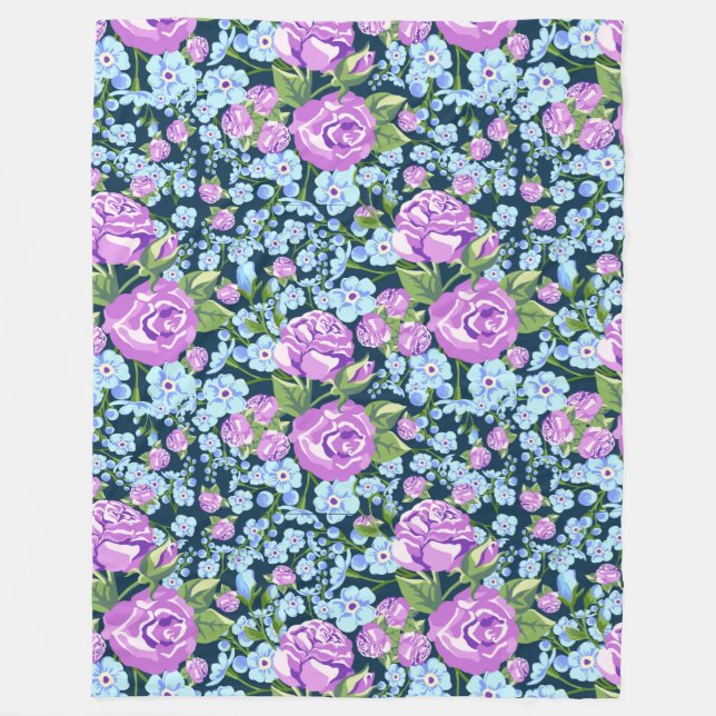 Blommönster Flowers i Fullt Bloom Blue Lila Fleecefilt (Framsidan)