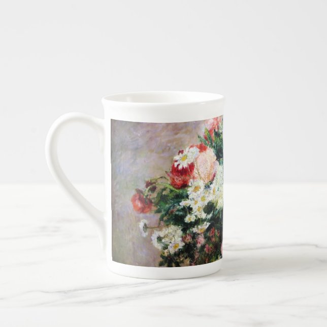 Blommönster Flowers Red Rosa White Foliage Benporslin Mugg (Vänster)
