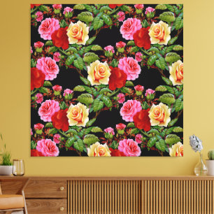 Blommönster Flowers Ro Red Rosa Gult Grönt Canvastryck