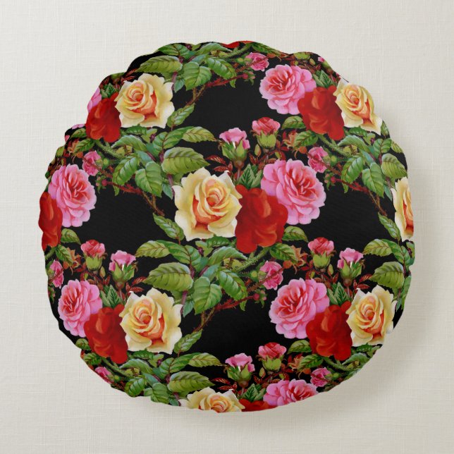 Blommönster Flowers Ro Red Rosa Gult Grönt Rund Kudde (Framsidan)