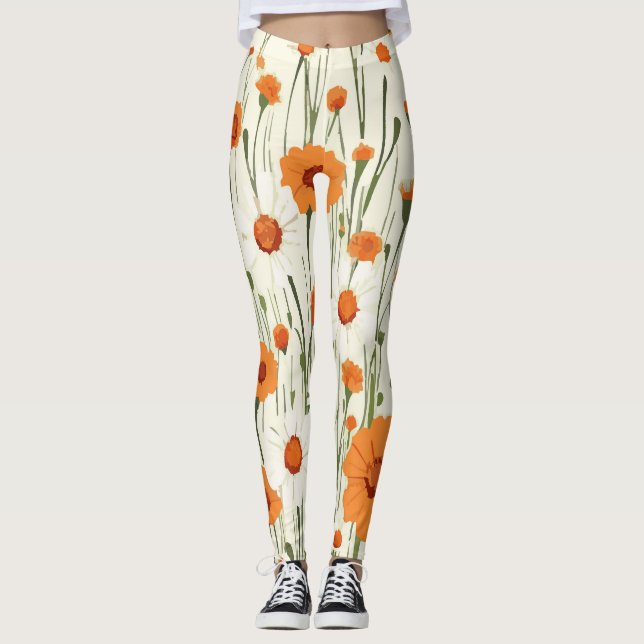 Blommönster för Bright-Orange Leggings (Framsida)