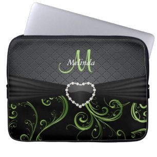 Blommönster för elegant, svart och peridot-Grön Laptop Fodral