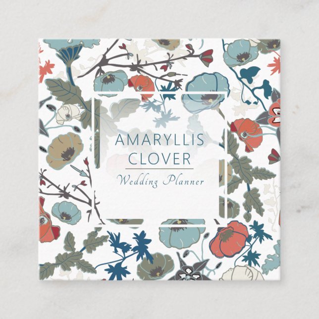 Blommönster för färgstark Grönt för Glatt blå Oran Fyrkantigt Visitkort (Framsida)