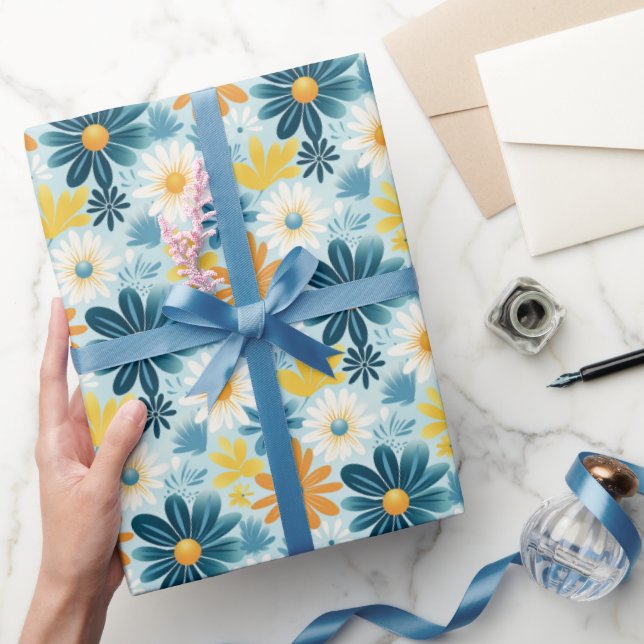 Blommönster för konstgjord Daisy Garden Blue Gult Presentpapper (Gifting)