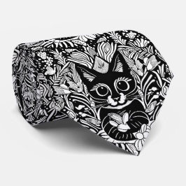 Blommönster för konstgjord svart katt slips