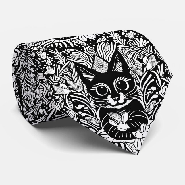 Blommönster för konstgjord svart katt slips (Rullad)