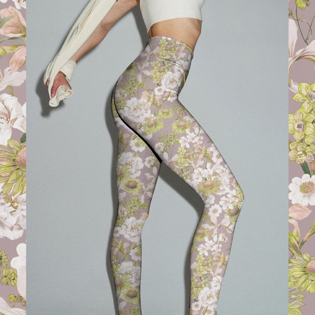 Blommönster för Ljust grönt Neutralt för söt Elega Leggings (Pretty elegant light green neutral floral pattern printed leggings for yoga, fitness, filates, etc.)