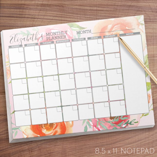 Blommönster för målat vattenfärgsprogram varje mån anteckningsblock (Monthly Planner Notepad - Personalized)