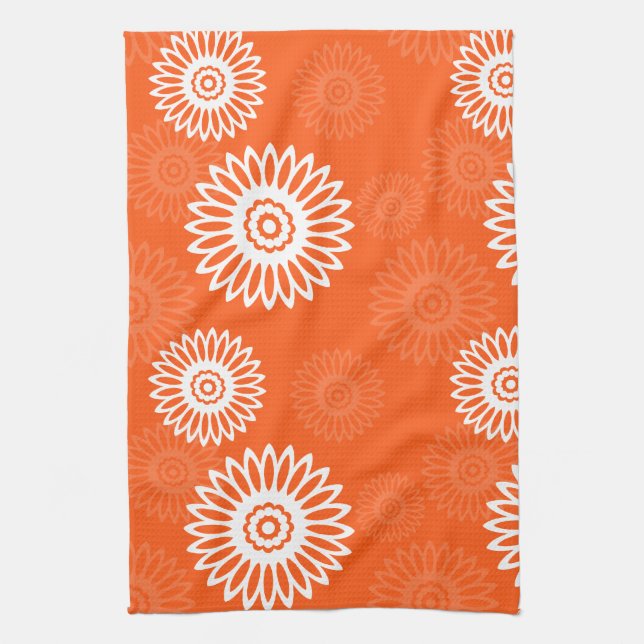 Blommönster för minimal tangerinärorange daisy kökshandduk (Vertikal)