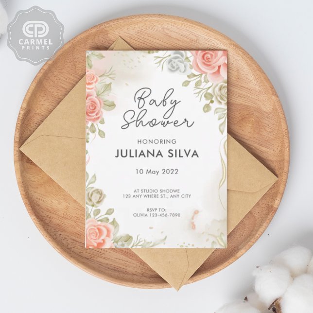 Blommönster för modern Rosa-vit Grönt Inbjudningar (Modern Pink White Green Floral Pattern Design Invitation)