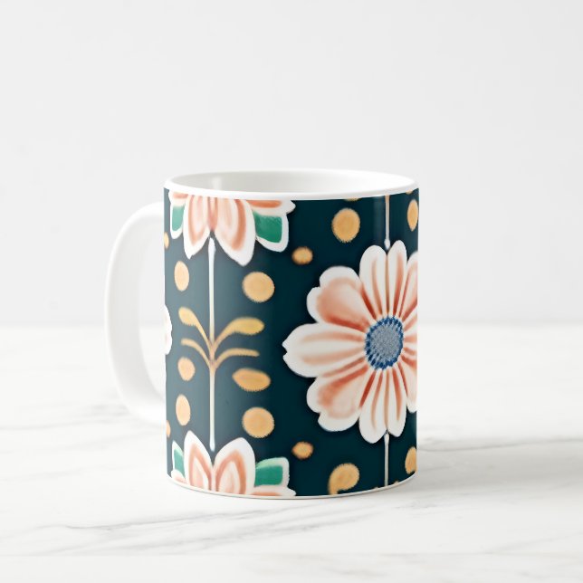 Blommönster för orange på en svart bakgrund kaffemugg (Framsida vänster)