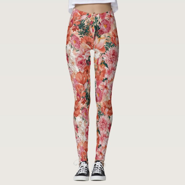 Blommönster för Rosa av orange Leggings (Framsida)