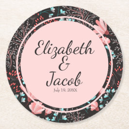 Blommönster för rosa och Mörk Underlägg Papper Rund