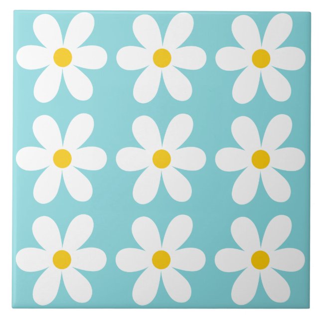 Blommönster för turkos blå Retro-Daisy Kakelplatta (Framsidan)