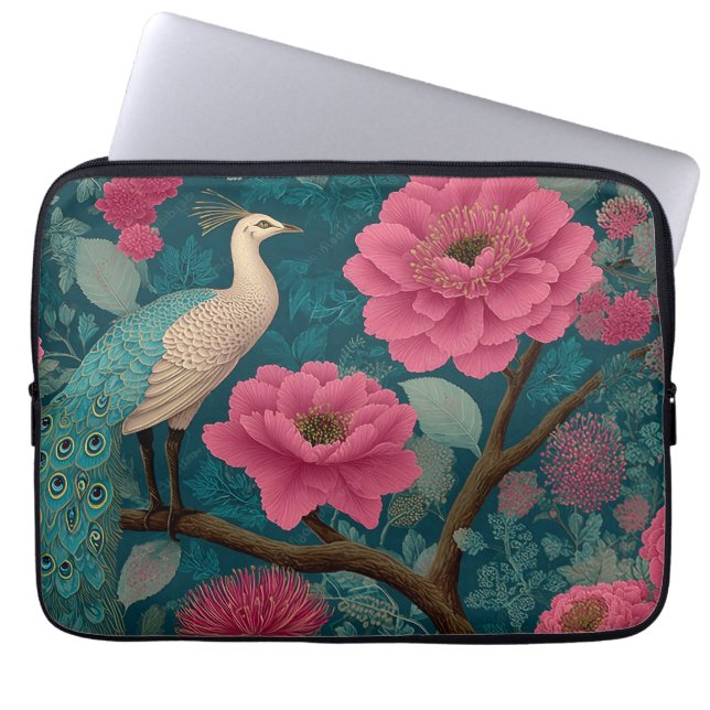 Blommönster för vibrant Peacock och Rosa Laptop Fodral (Framsidan)