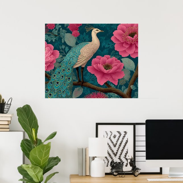 Blommönster för vibrant Peacock och Rosa Poster (Hemmakontoret)