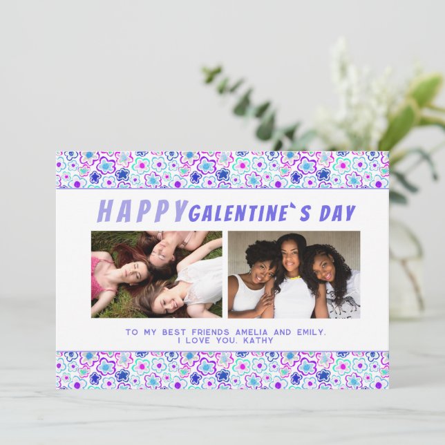 Blommönster Galentine`s Day Vänner 2 Foto Julkort (Stående Fram)