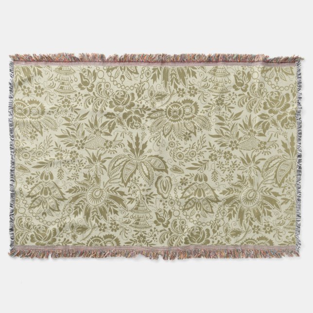 Blommönster Grönt Sage Antique Damask Filt (Framsidan)