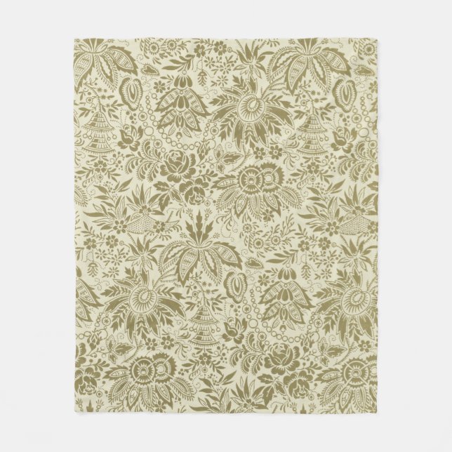 Blommönster Grönt Sage Antique Damask Fleecefilt (Framsidan)
