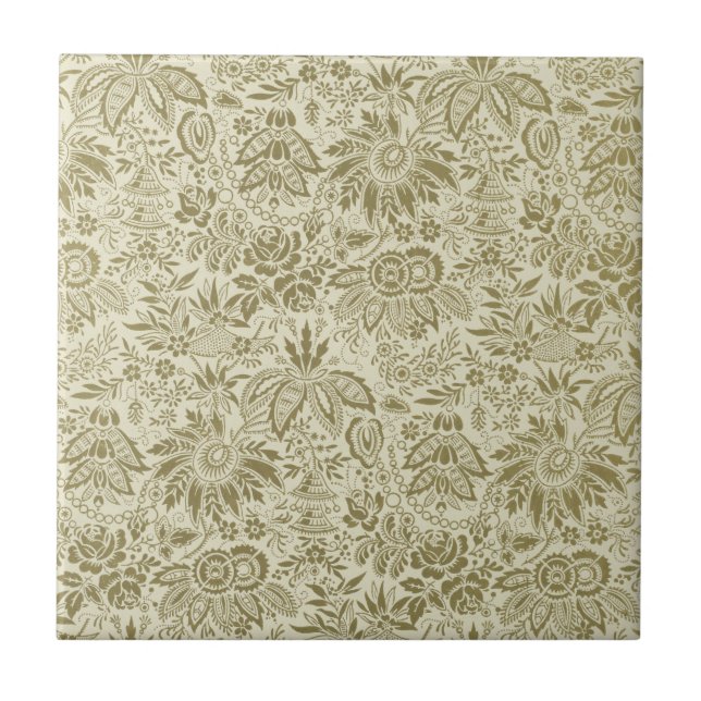 Blommönster Grönt Sage Antique Damask Kakelplatta (Framsidan)