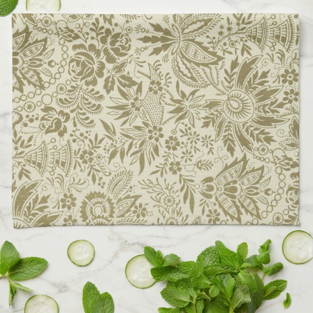 Blommönster Grönt Sage Antique Damask Kökshandduk (Vikta)